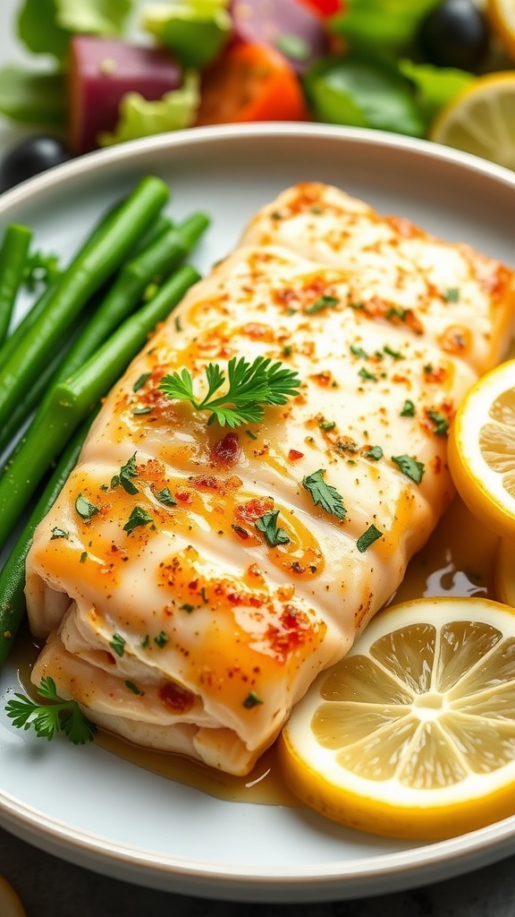 Lemon Garlic Baked Mahi Mahi garnished with parsley and lemon, served with vegetables.